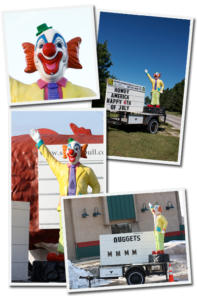 Collage of photos of Snappy Clown sign